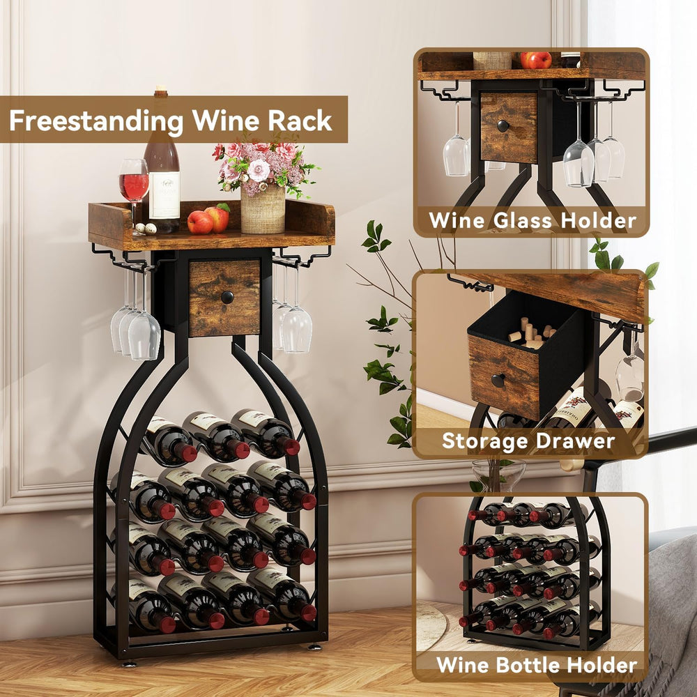 IBUYKE Wine Rack Freestanding Floor,15 Bottles,Glass Holder,Brown TMJ908H | M...