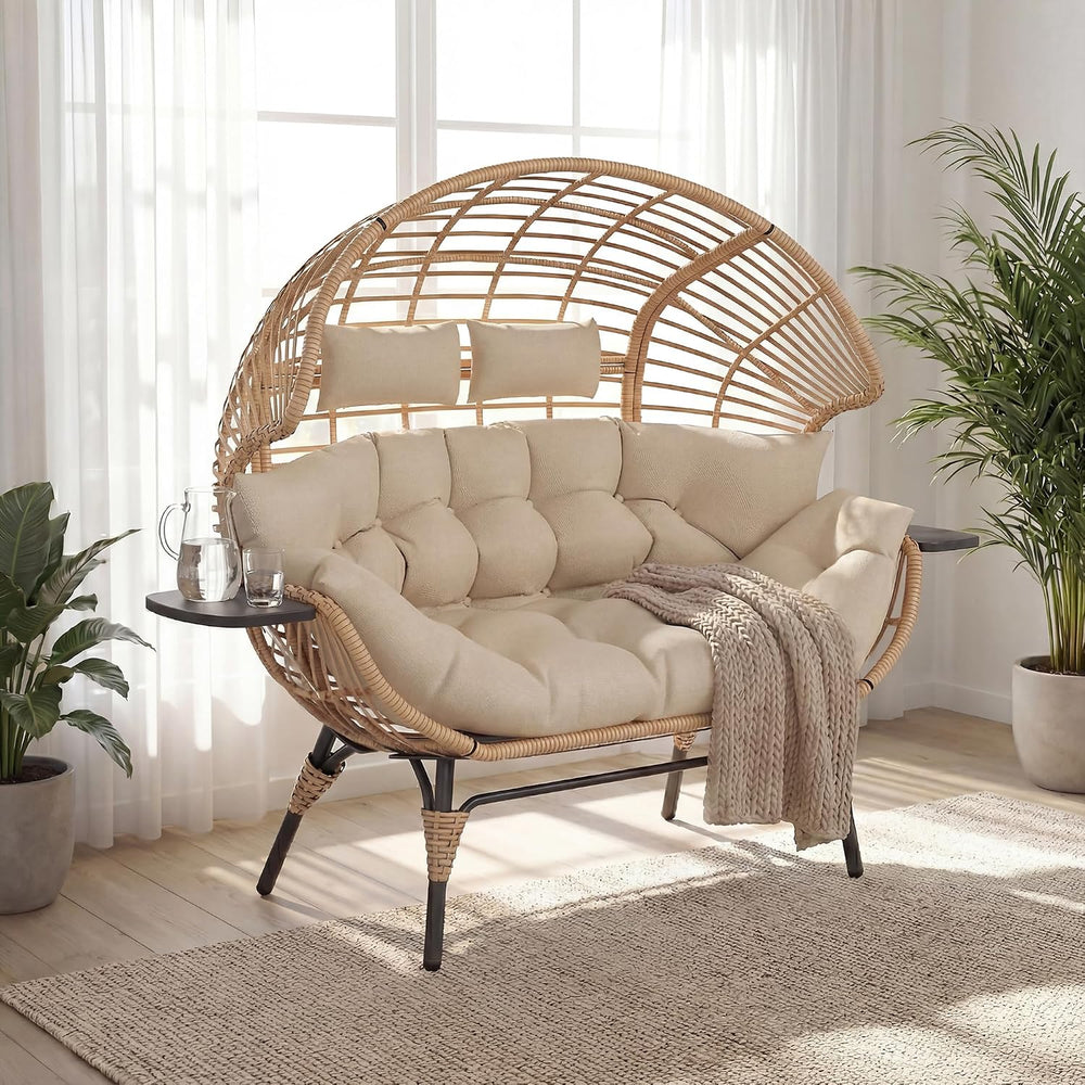Double Wicker Egg Chair Outdoor Indoor - 2-Person Oversized Loveseat with 8&q...