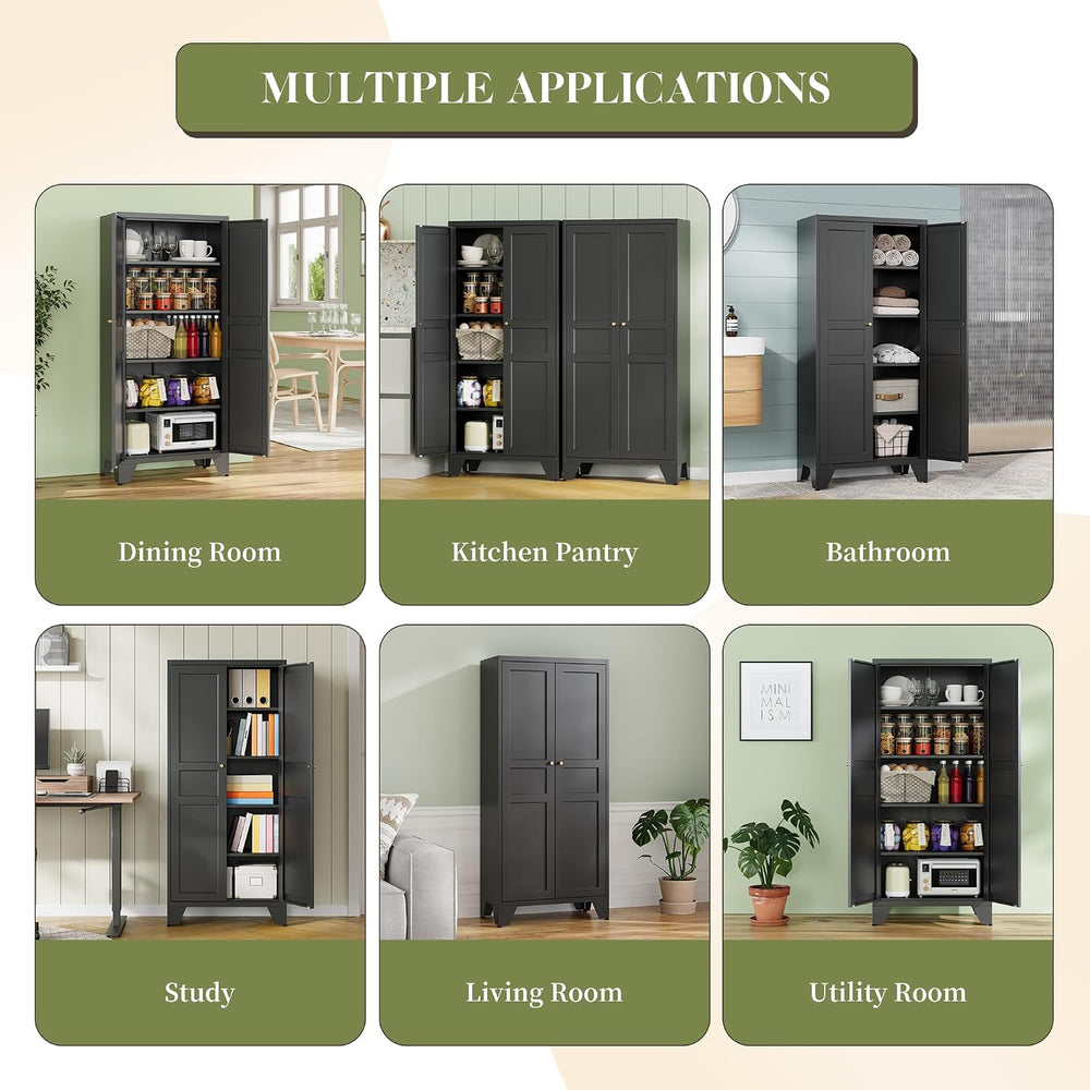 RAVIGIN Metal Storage Cabinet,61" H Pantry Cabinet with 2 Doors and 4 Ad...