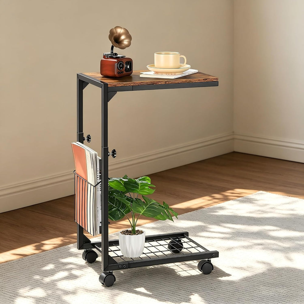 C Shaped Side Table Small End Table with Wheels Slide Under Couch Table for S...