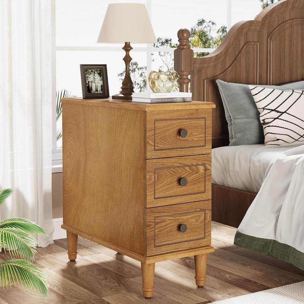 Tribesigns Solid Wood End Table, Fully Assembled Narrow Side Table with Drawe...