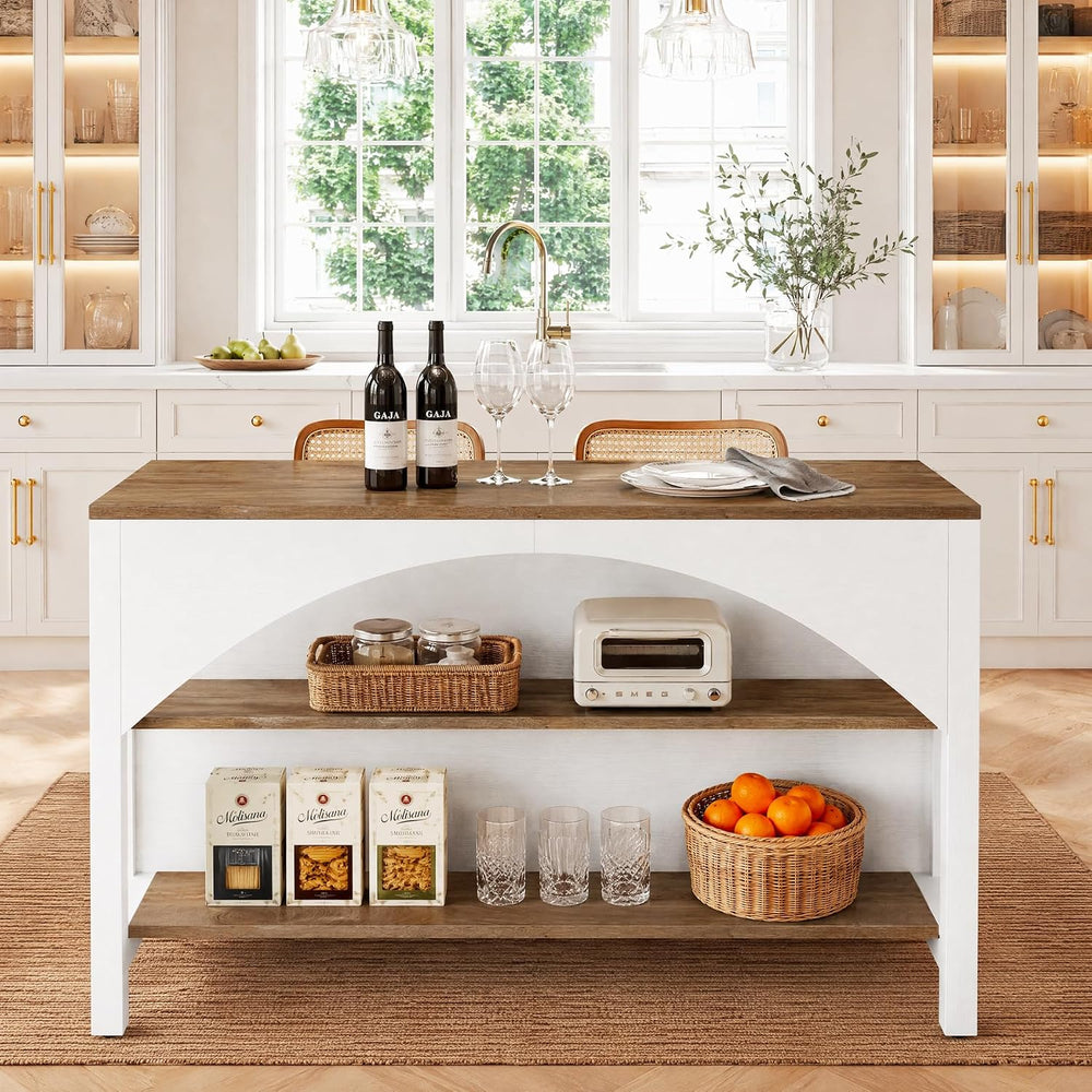 Tribesigns 55" Kitchen Island with 2-Tier Shelves and Seating | Wood Sta...
