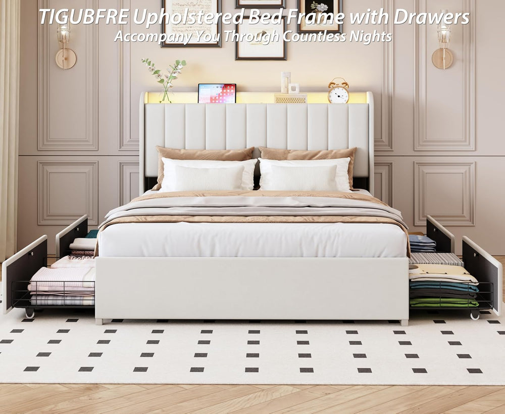 Full Bed Frame with 4 Drawers and Storage Headboard, Upholstered Platform Bed...