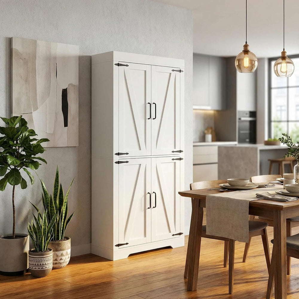 Homy Casa Farmhouse Kitchen Pantry Storage Cabinet, White Barn Door, 4-Door a...