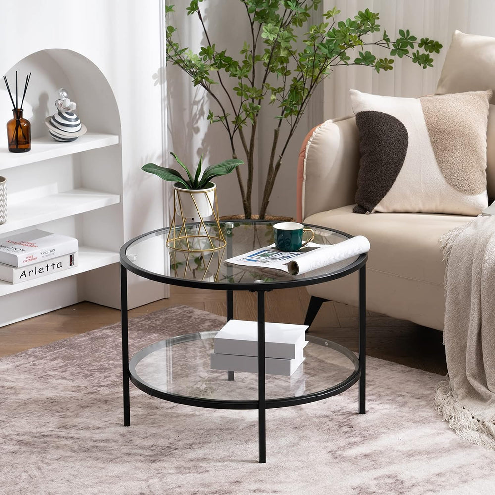 VINGLI 25.6" Glass Coffee Table, Round Coffee Tables for Living Room, Black