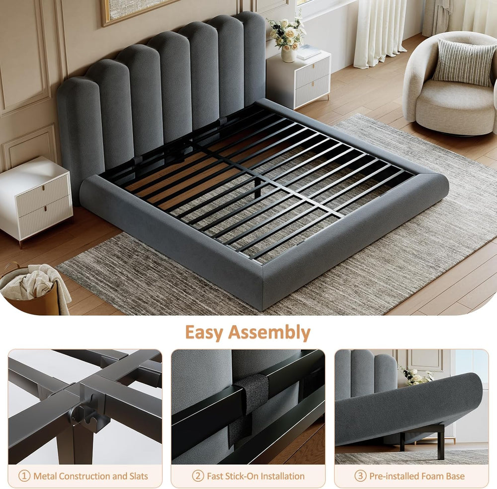 King Size Cloud Bed Frame with Headboard, Upholstered Platform Bed with Velve...