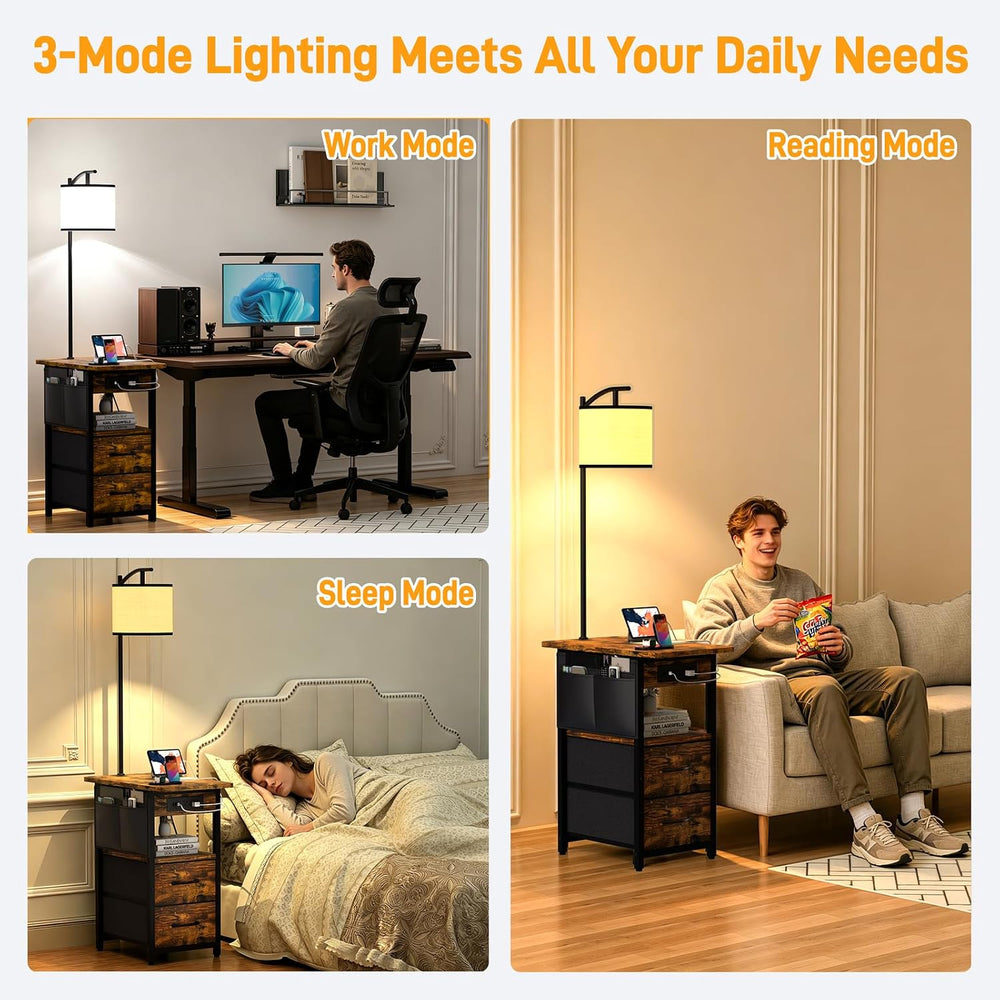 Floor Lamp with Table, Nightstand with Lamp, 2 Drawers, Charging Station