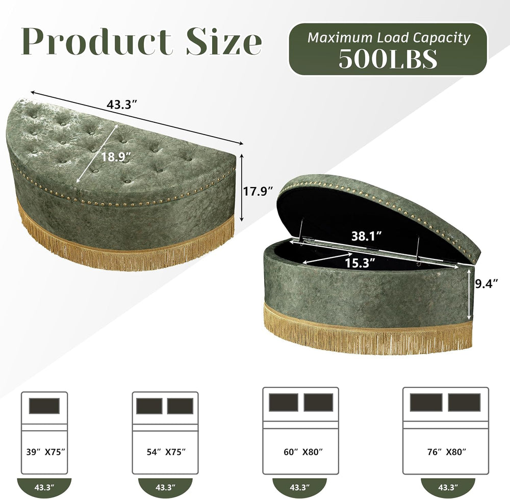 Homebeez 43.3" Half Moon Ottoman, Velvet Tufted Upholstered Footstool, w...