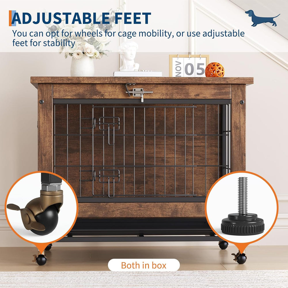 Rustic Brown Wooden Dog Crate End Table with Dual Doors & Lockable Wheels...