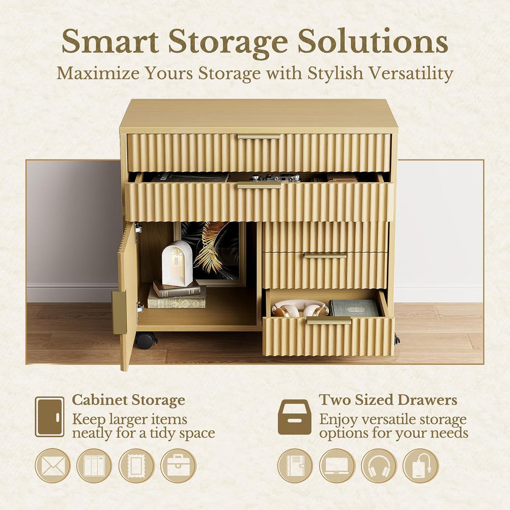 Fluted File Cabinet with 5 Drawers, Large Storage with Cabinet Door, Mobile F...
