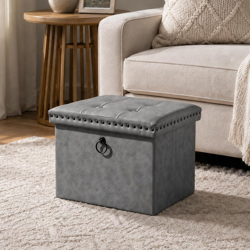 Storage Ottoman Cube 16x12x12 inches, Small Faux Leather Tuffed Foot Rest Sto...
