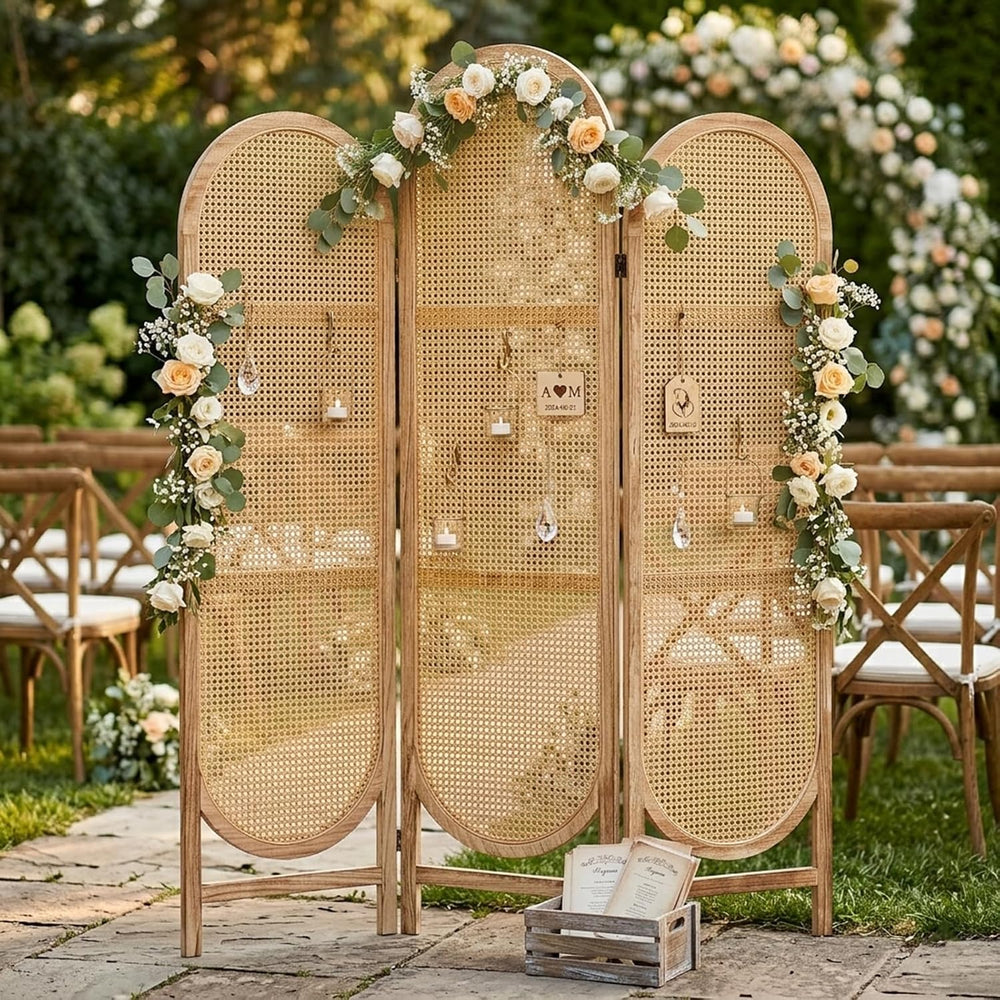 3 Panel Rattan Room Divider Screen, Boho Folding Privacy Screen