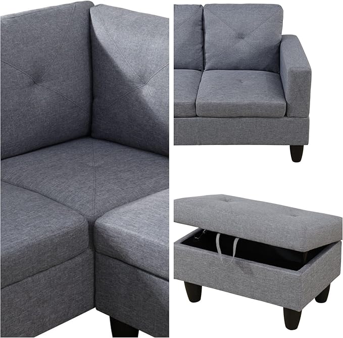 L-Shaped Sectional Sofa with Movable Chaise & Storage Ottoman, Lounge 3-P...