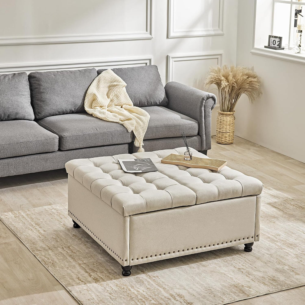 Redlife 35 Inch Large Square Storage Ottoman, Coffee Table Ottoman, Linen | L...
