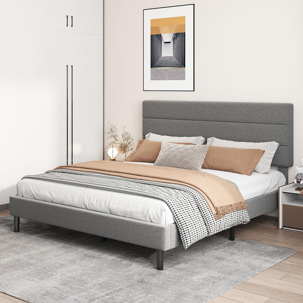 King Platform Bed Frame with Adjustable Linen Fabric Upholstered Headboard, S...