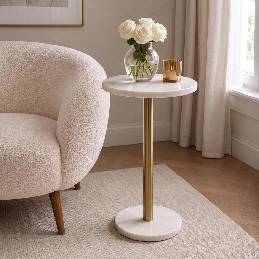 JONATHAN Y Cogsen 22.25" Round Marble Pedestal Drink Table, White/Gold |...