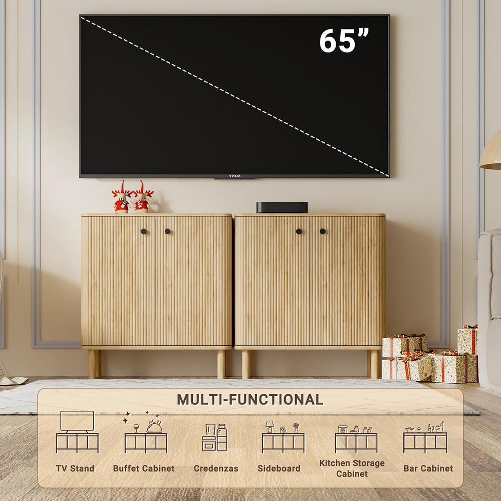 Fluted Sideboard Buffet Cabinet with Storage, 31'' Natural Oak Wood B...