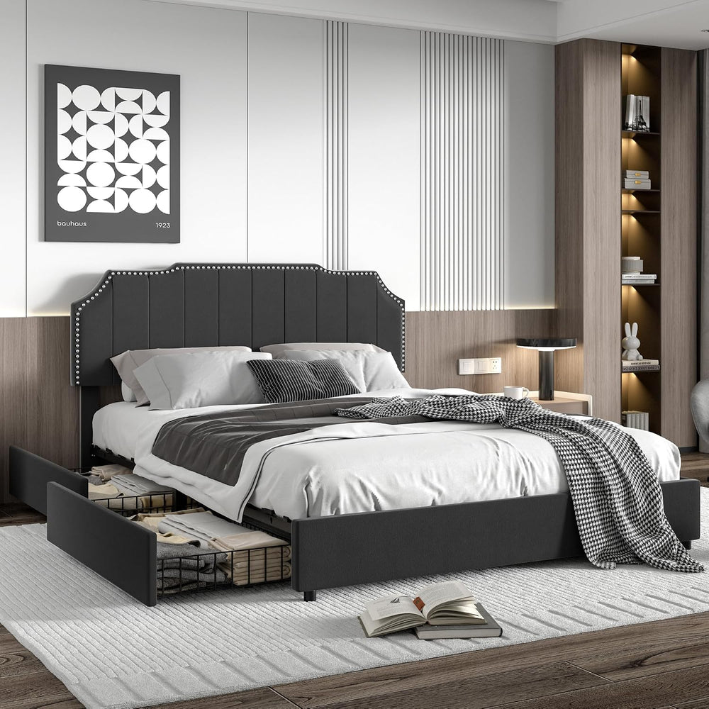 VECELO Queen Bed Frame with 4 Storage Drawers & Upholstered Platform &...