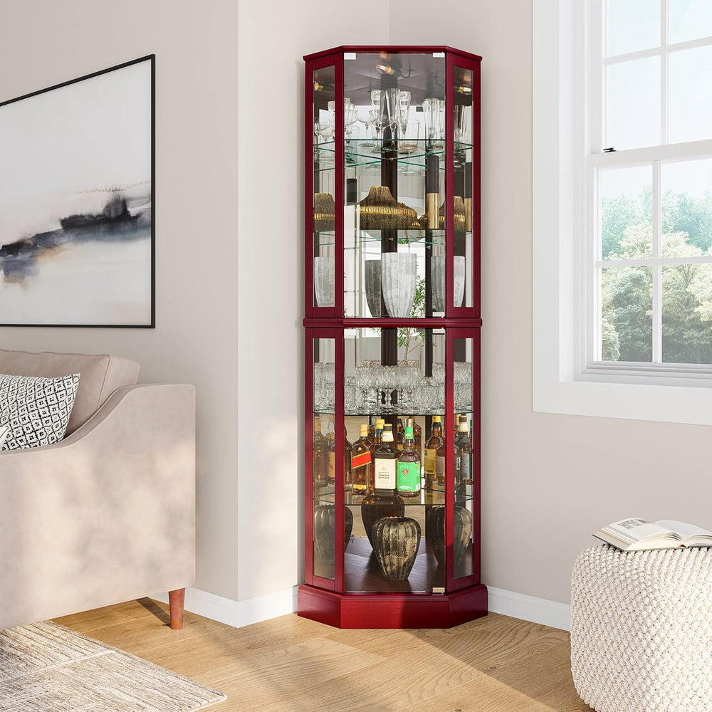 BELLEZE Lighted Corner Display Curio Cabinet Wooden Curved Shelving Unit with...