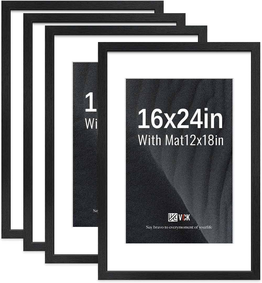 VCK 16x24 Picture Frame 4 Pack, Black Solid Wood, 12x18 Mat, for Poster