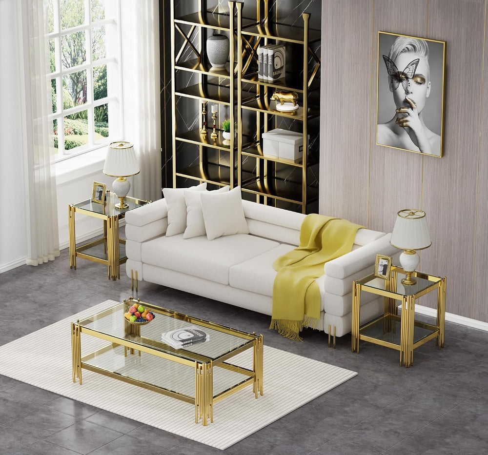 3 Pieces Coffee Table Set, Tempered Glass Living Room Table Set of 3, Modern ...