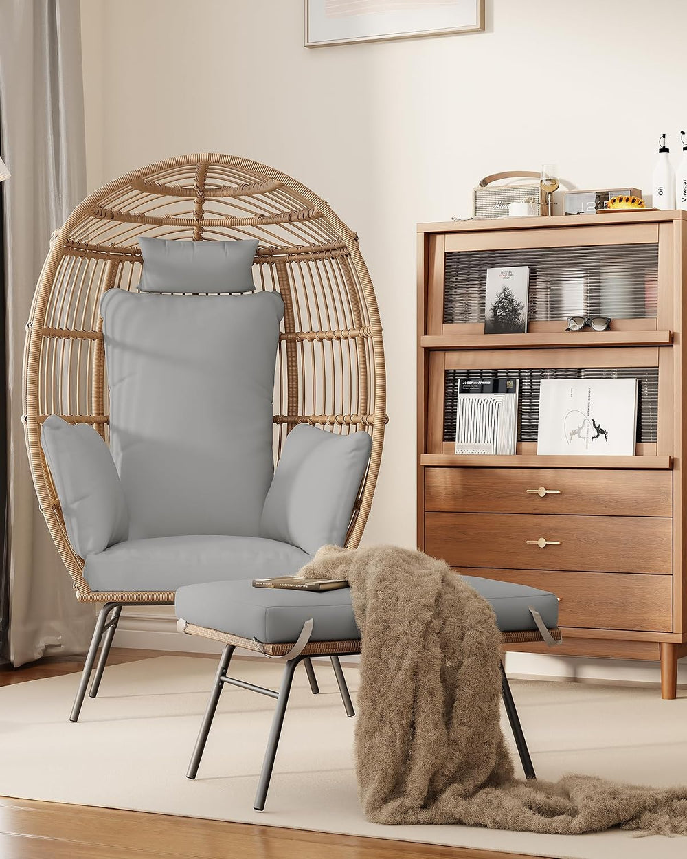 Wicker Egg Chair with Ottoman, Oversized Egg Shaped Lounge Chair with Thick C...