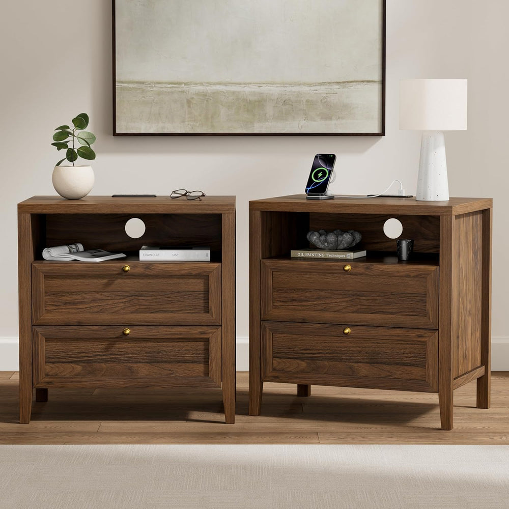 Farmhouse End Table with 2 Drawers Set of 2, Wooden Nightstand with Open Stor...