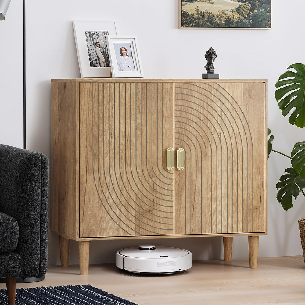 Smuxee Oak Sideboard Cabinet, Freestanding Buffet Cabinet with Line Groove De...