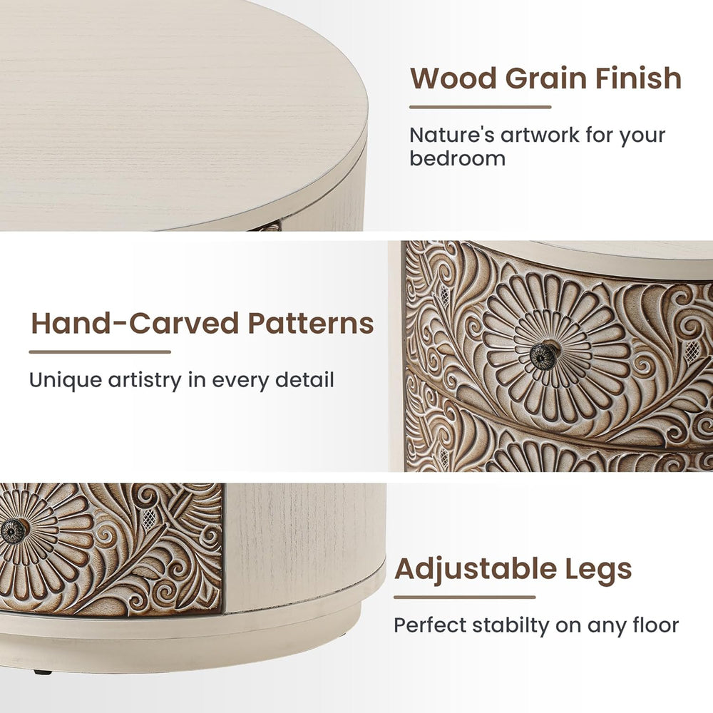 HOMPUS Round End Table Set 2, Fully Assembled Nightstand w 3 Storage Drawers,...