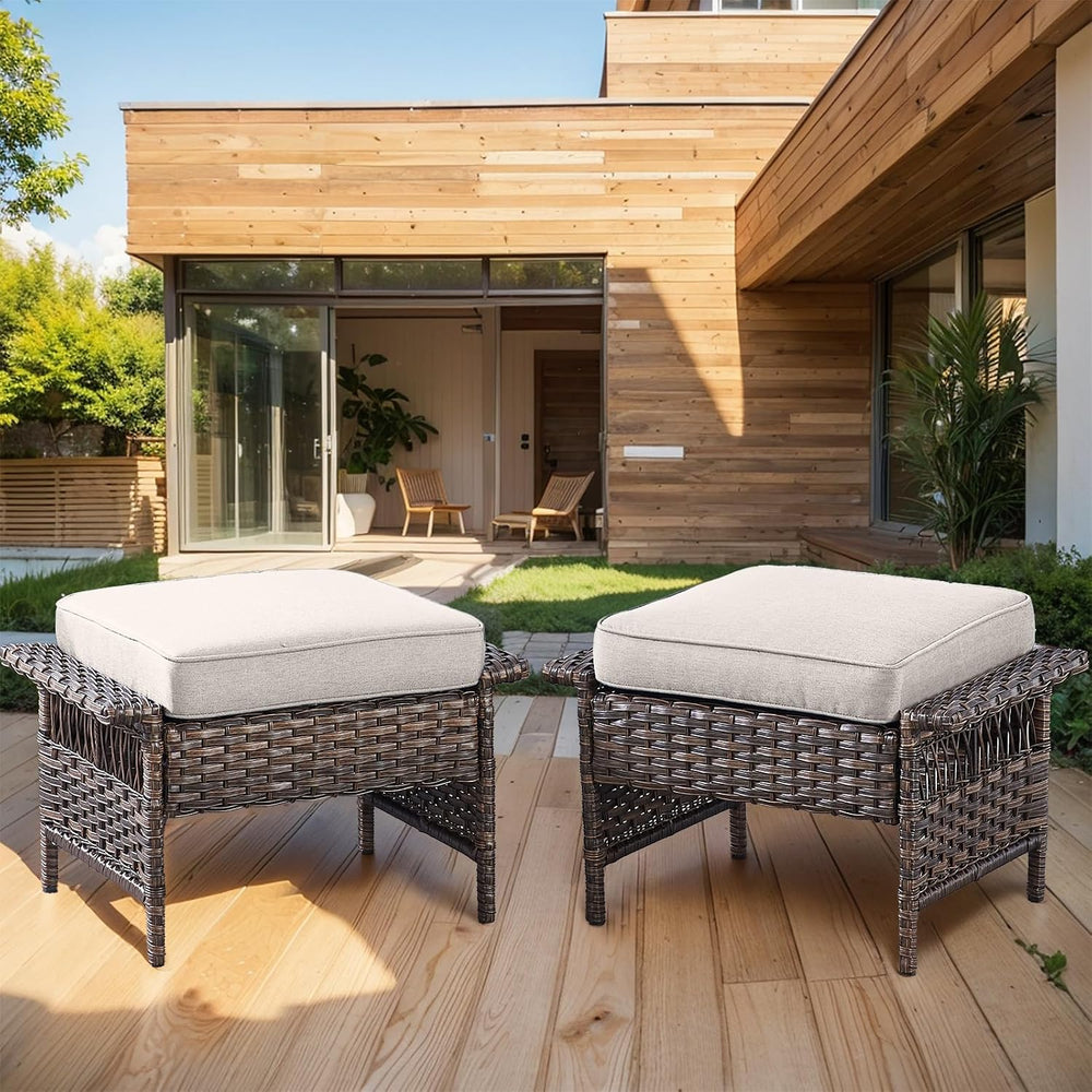 HUMMUH Outdoor Ottoman-Patio Rattan Footstool with Cushion Patio Ottoman for ...