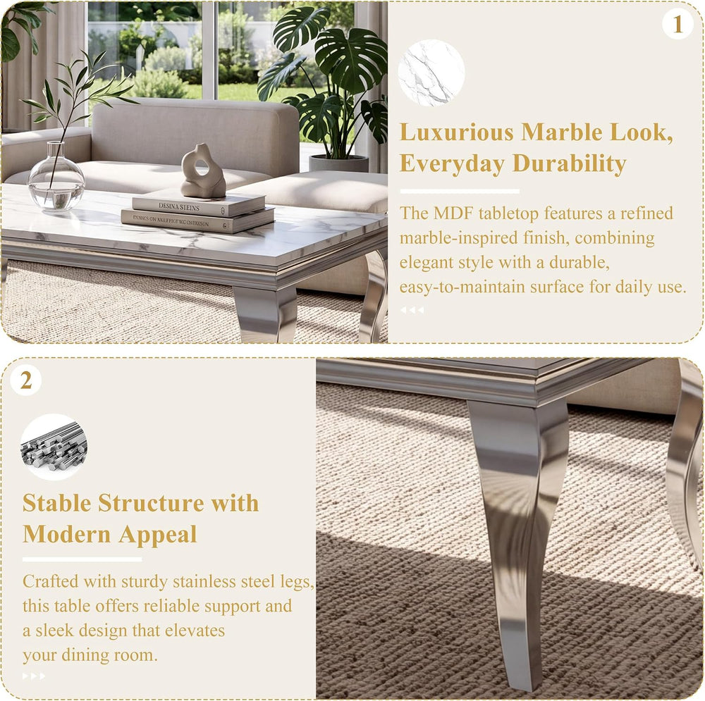 3-Piece Faux Marble Coffee Table Set with Silver Stainless Steel Legs | Moder...