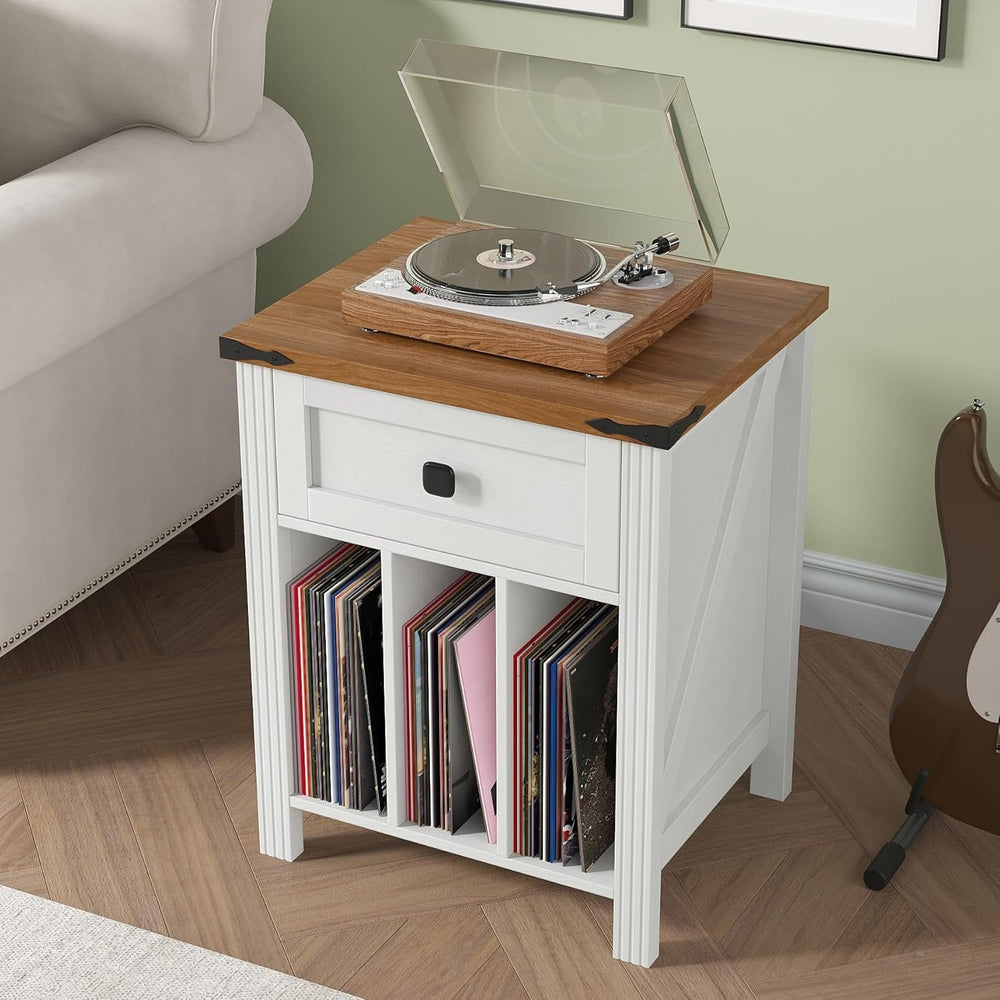 Farmhouse Record Player Stand with Vinyl Record Storage, End Table with Charg...