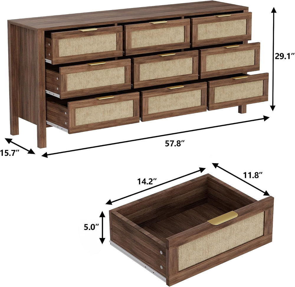 9 Drawer Double Dresser,Wood Dresser,Modern Wooden Storage Cabinet,Chest of D...