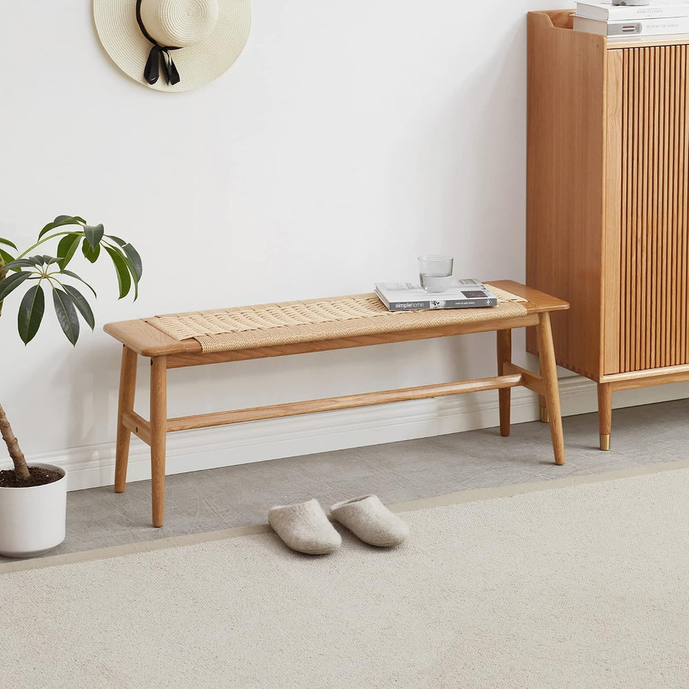 KEIKI Woven Dining Bench, 100% Solid Wood Bench for Dining Room, Bedroom, Liv...