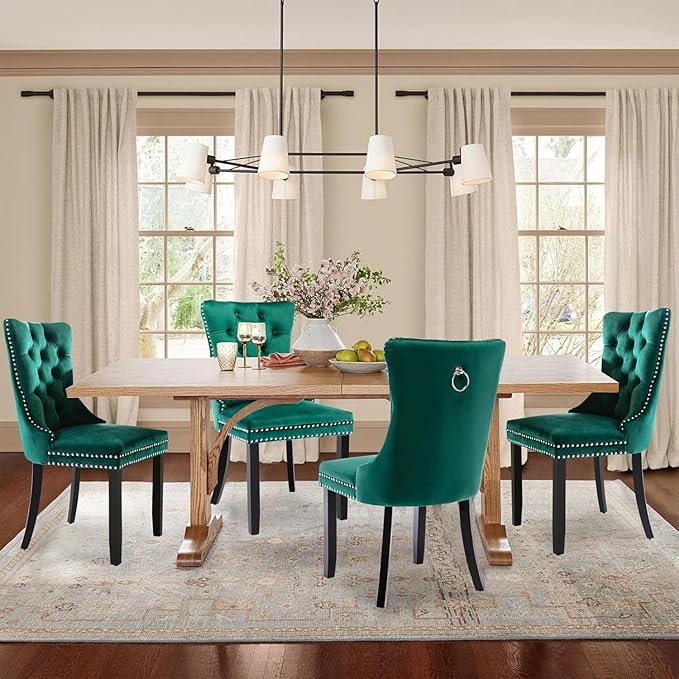 Velvet Upholstered Dining Chairs Set of 4, Modern Style Kitchen Side Chairs w...
