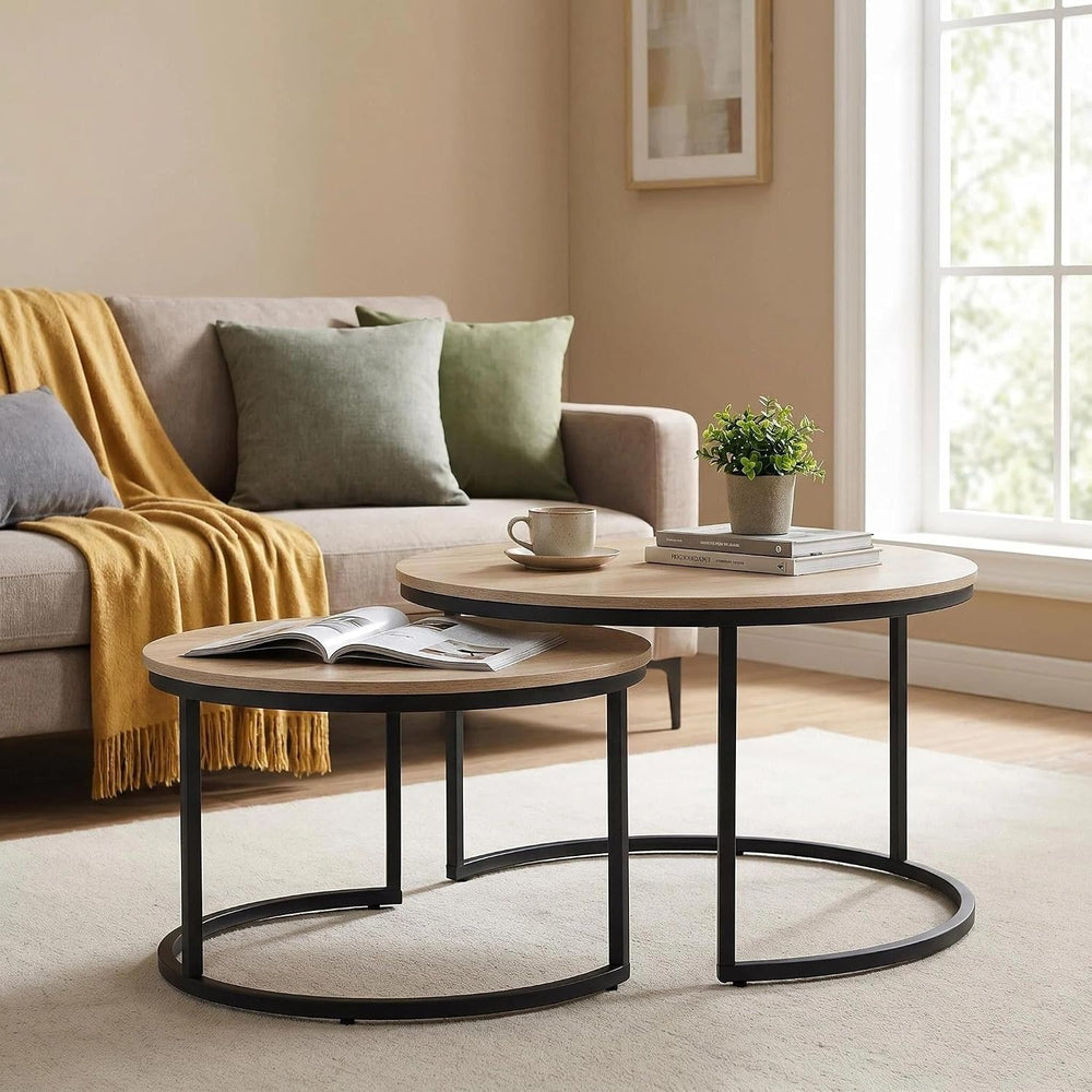 31.5 Inch Round Nesting Coffee Tables Set of 2, Oak‑Tone Stackable Side Table...