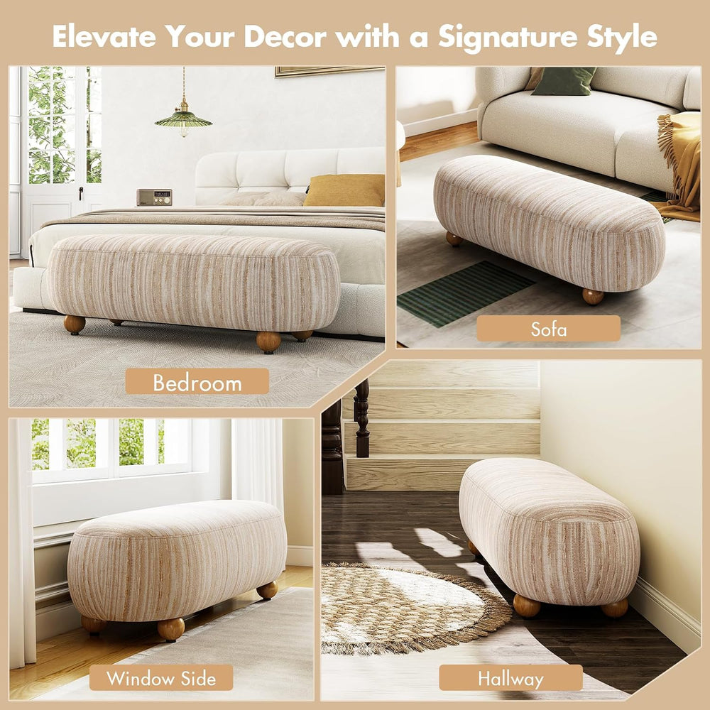 Hyfirm 54" Oatmeal Linen Upholstered Bench – Beige End of Bed Ottoman wi...