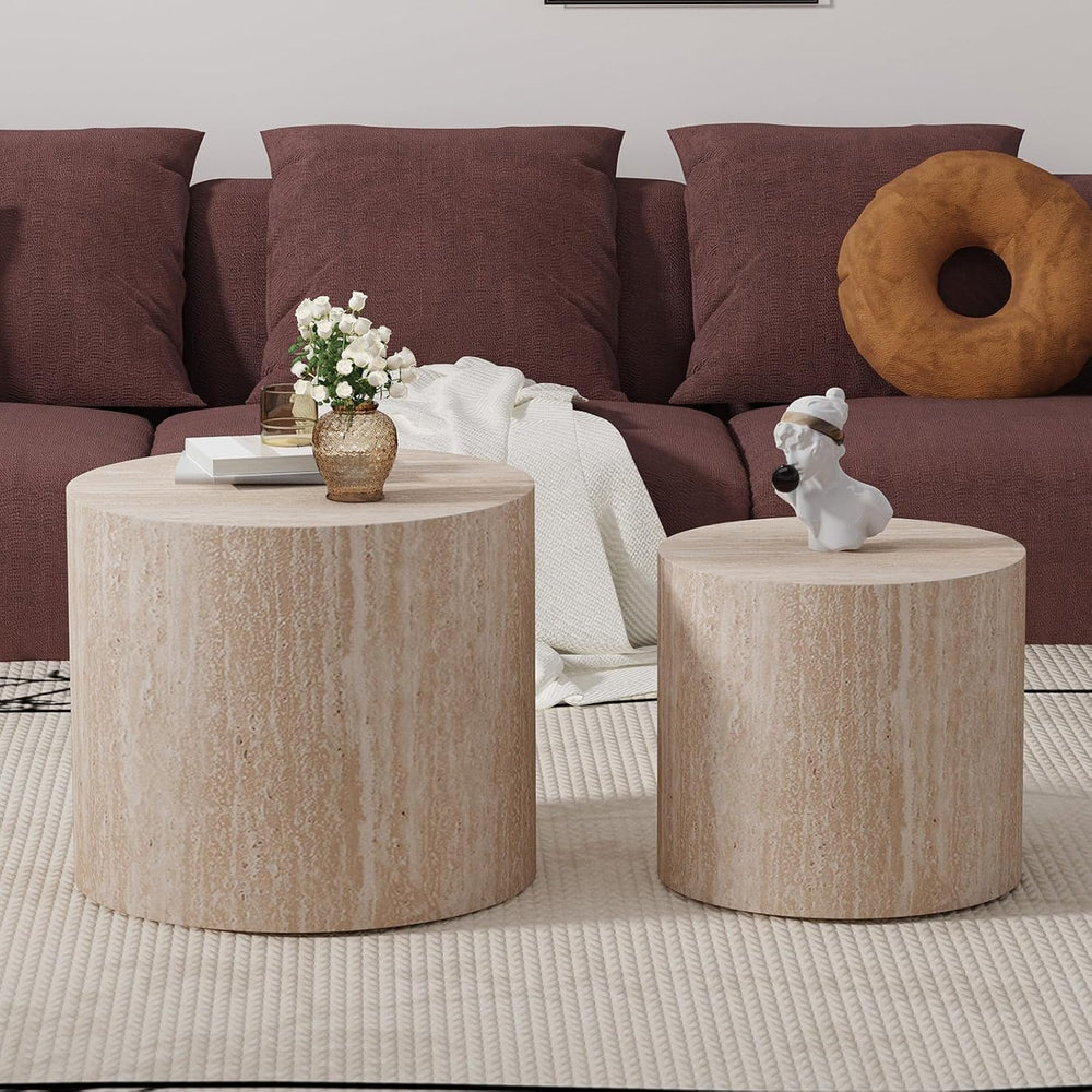 Nesting Coffee Table Set of 2 (C Travertine) | Modern Round Drum Coffee Table...