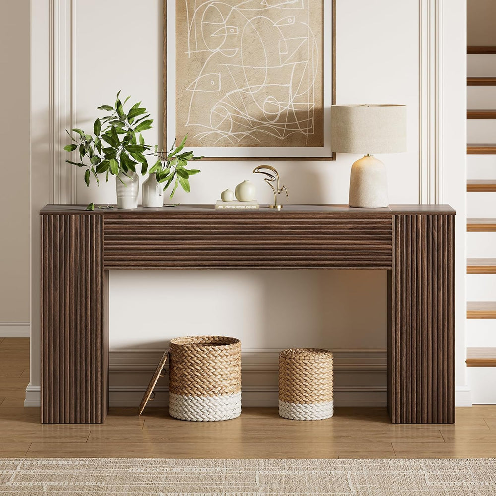 FABATO 61” Fluted Long Console Table with 2 Hidden Storage Cabinets, Walnut |...