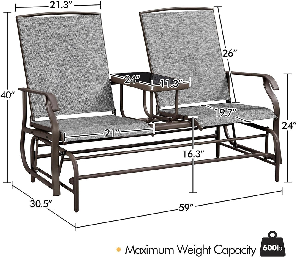 Yaheetech Outdoor Glider Bench Patio Loveseat with Table, Gray | Steel frame,...