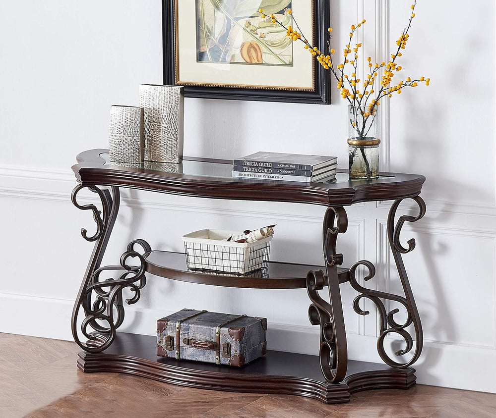 SSLine Vintage Curved Wood Console Table,Tempered Glass Top & Marble Shel...