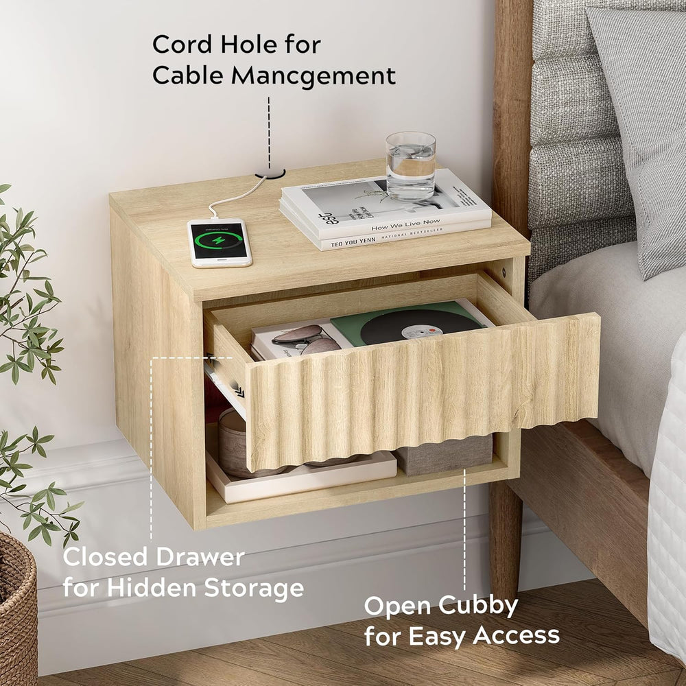Small Floating Nightstand with Drawer, Modern Night Stand with Fluted Door an...