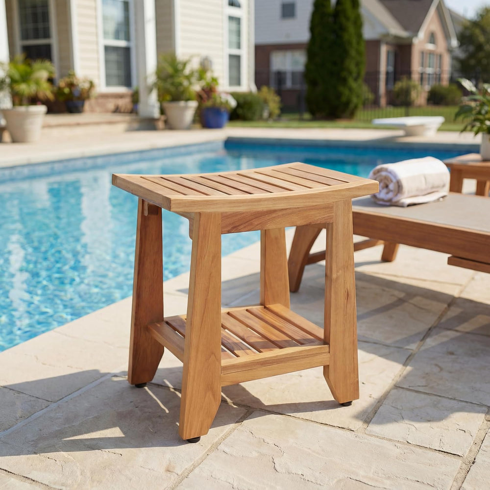 Teak Shower Bench Stool, 14'' Compact Waterproof Wooden Sauna Bath Be...