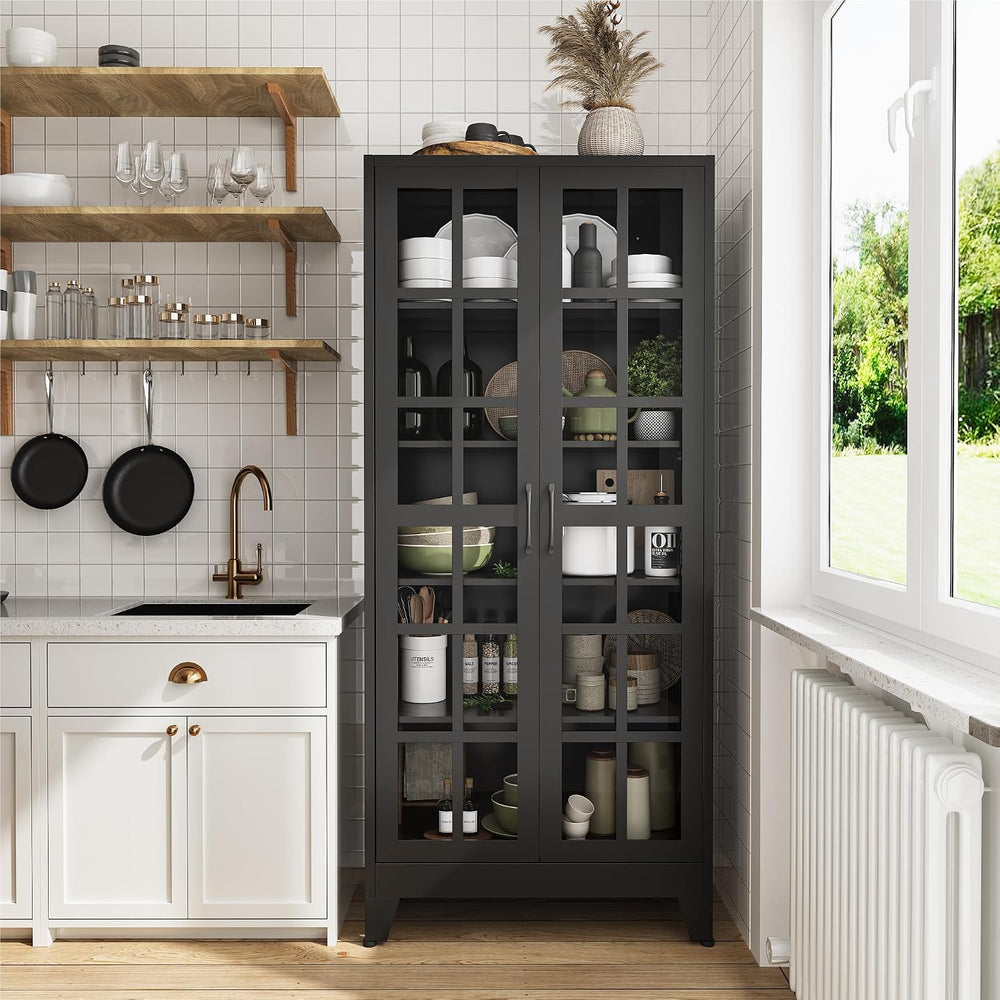 COFaR 71" Black Metal Pantry Cabinet with Glass Doors for Living Room