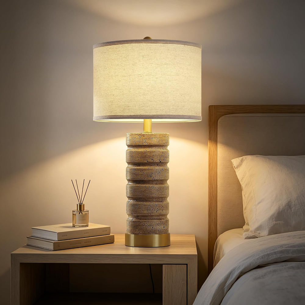 AIEAMPDO 26" Set of 2 Travertine Resin Table Lamps for Bedroom, Brass Base