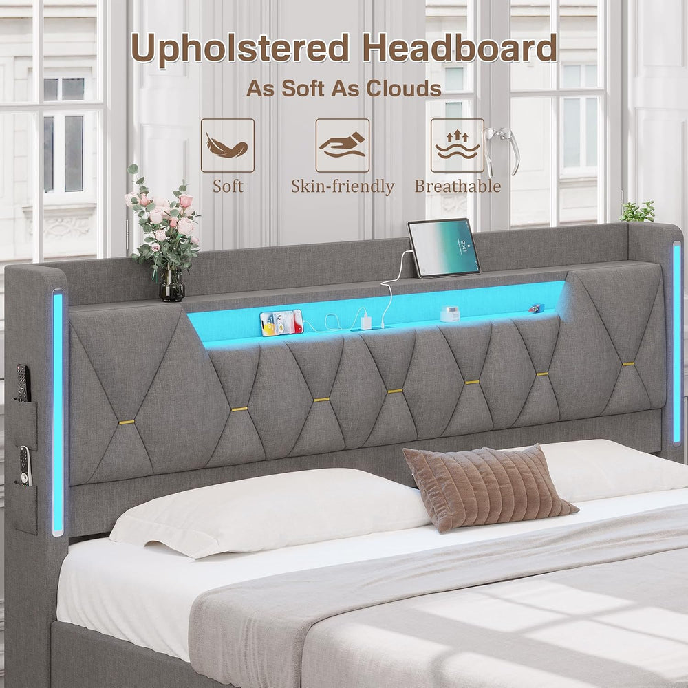 King Size Bed Frame with Marshmallow Headboard and Storage, Gray
