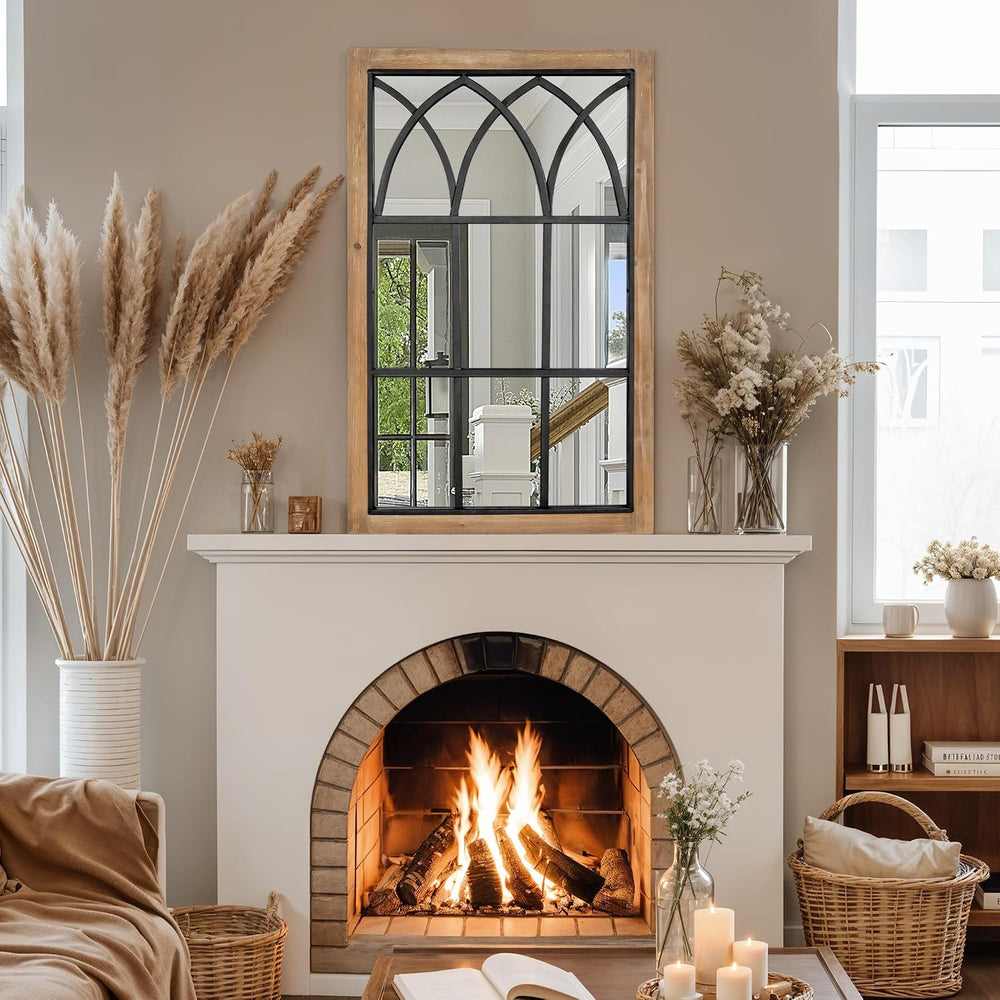 Rustic Window Mirror for Wall Decor, Wooden Frame Decorative Wall Mirror
