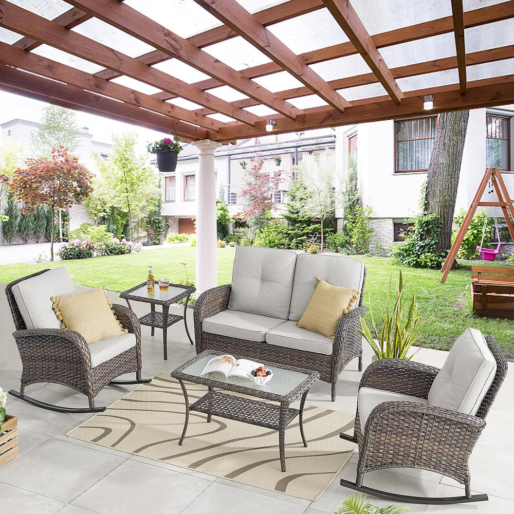 Belord Wicker Porch Rocking Chairs - 3 Pieces Patio Bistro Set High Back Outd...