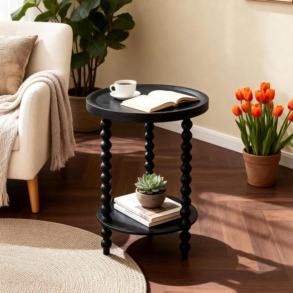 Round 2 Tier Side Table, End Table with Storage Shelf, Modern Nightstand Besi...