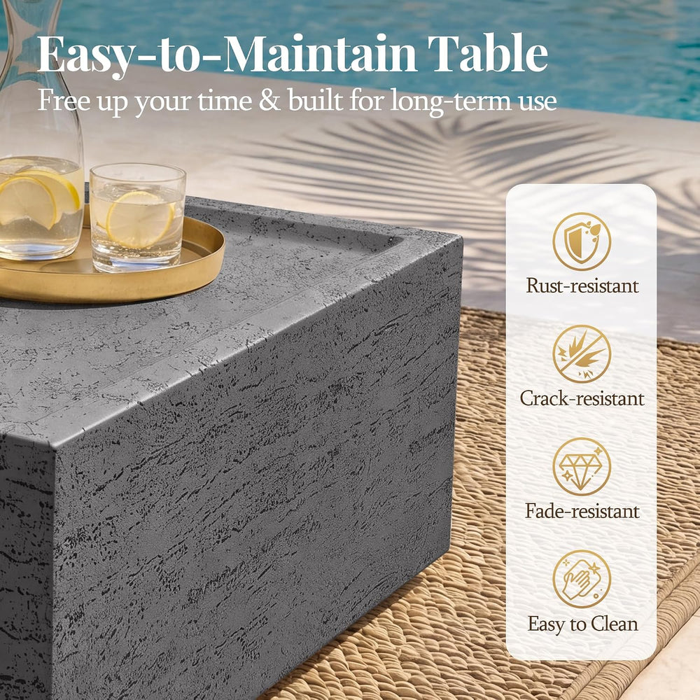 28" Square Outdoor Coffee Table, Travertine Look, Dark Gray